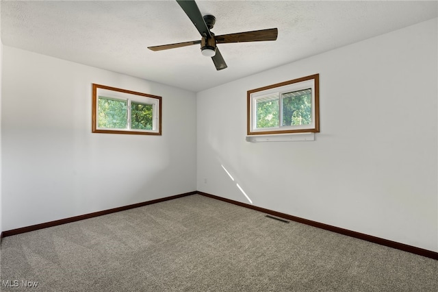 empty room with a textured ceiling, ceiling fan, carpet, and a wealth of natural light