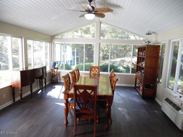 sunroom / solarium with ceiling fan, wood ceiling, a wall mounted air conditioner, and lofted ceiling