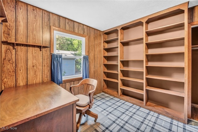 office area with wood walls