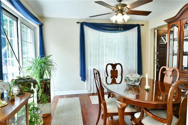 dining area with ceiling fan and dark hardwood / wood-style flooring