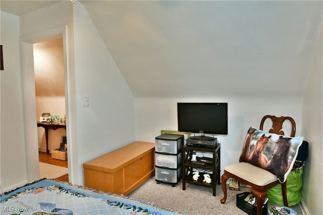 carpeted bedroom with vaulted ceiling