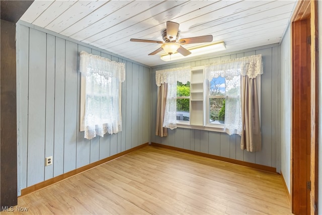 spare room featuring light hardwood / wood-style floors, wood ceiling, wooden walls, and ceiling fan