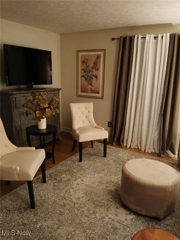 living area with a textured ceiling and wood-type flooring