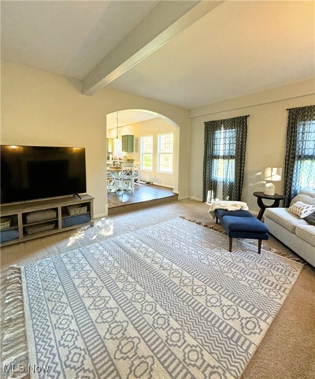 carpeted living room with beam ceiling