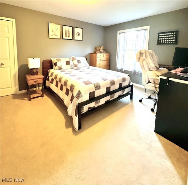 bedroom featuring light carpet