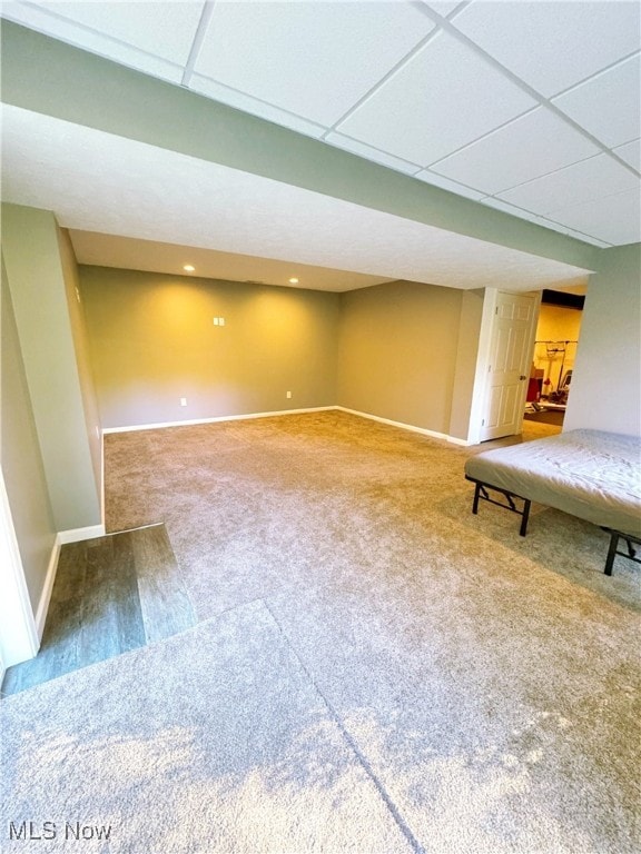 basement with a drop ceiling and carpet floors