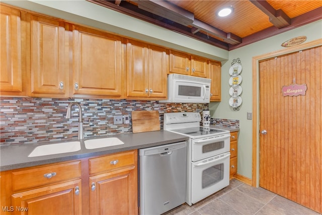 kitchen featuring wood ceiling, light tile patterned floors, sink, white appliances, and decorative backsplash