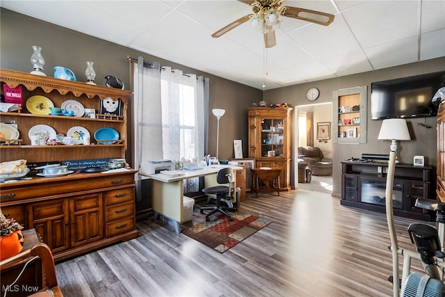 office featuring wood-type flooring and ceiling fan