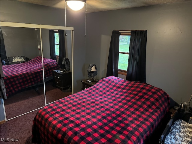 carpeted bedroom featuring a closet, multiple windows, and ceiling fan