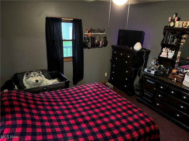 bedroom with dark colored carpet