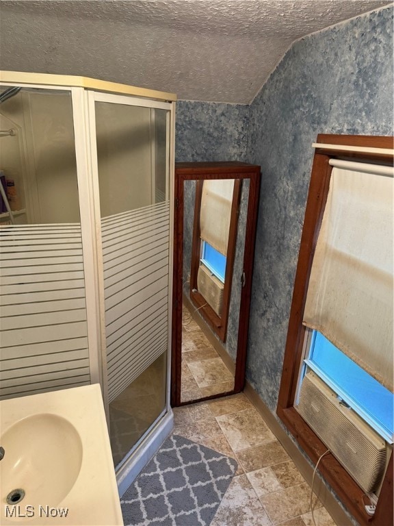 bathroom featuring a textured ceiling, lofted ceiling, sink, and an enclosed shower