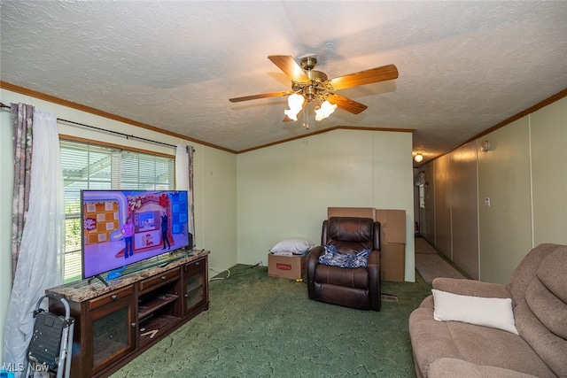 carpeted living room with ornamental molding, ceiling fan, vaulted ceiling, and a textured ceiling