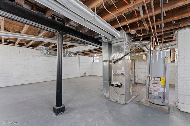 basement with heating unit and water heater