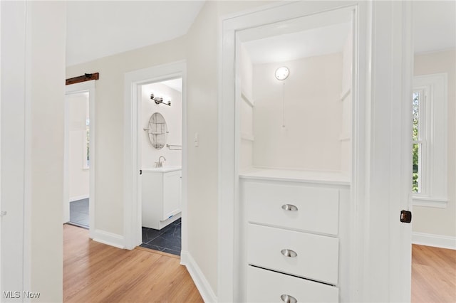 corridor with wood-type flooring, a barn door, and sink