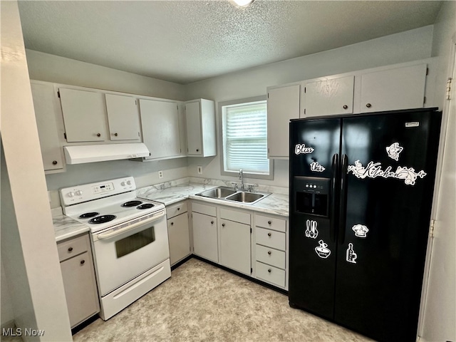 kitchen with white cabinets, sink, black refrigerator with ice dispenser, white range with electric cooktop, and a textured ceiling