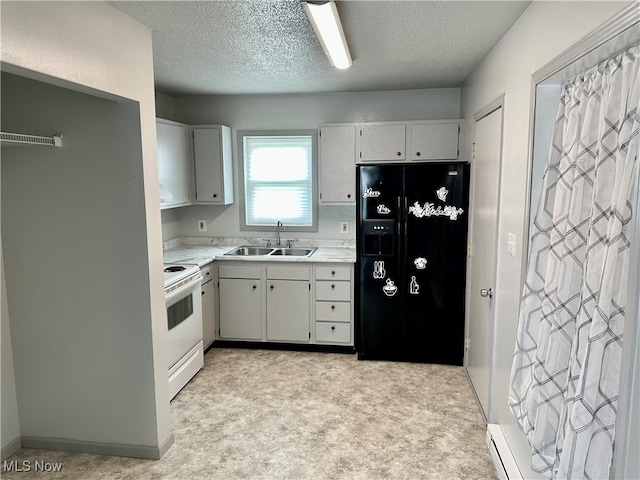 kitchen featuring white electric range, black fridge with ice dispenser, sink, and a textured ceiling