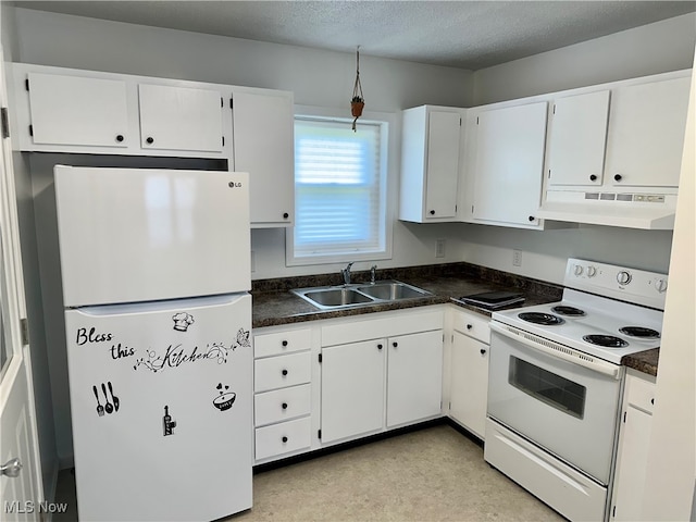 kitchen with a textured ceiling, white appliances, sink, and white cabinets