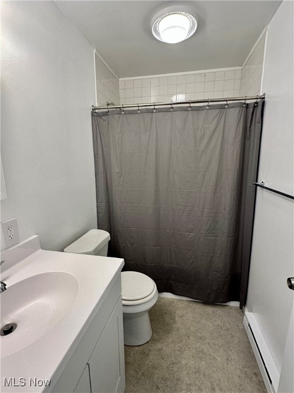 bathroom with vanity, a shower with curtain, a baseboard radiator, and toilet