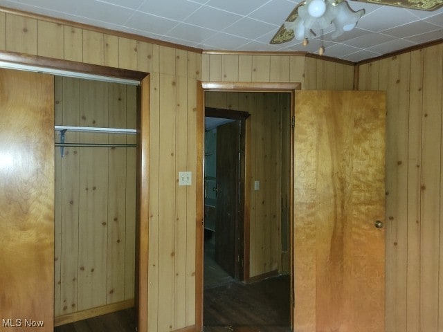 interior space with wood walls and dark hardwood / wood-style flooring