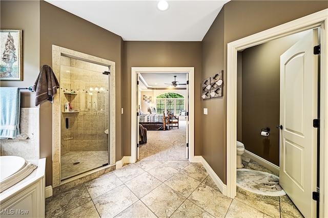 bathroom with ceiling fan, toilet, and plus walk in shower