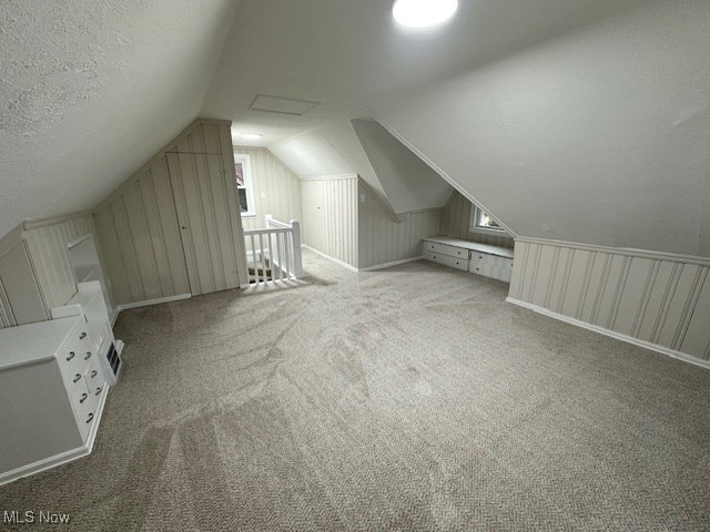 additional living space with vaulted ceiling, a textured ceiling, and light carpet