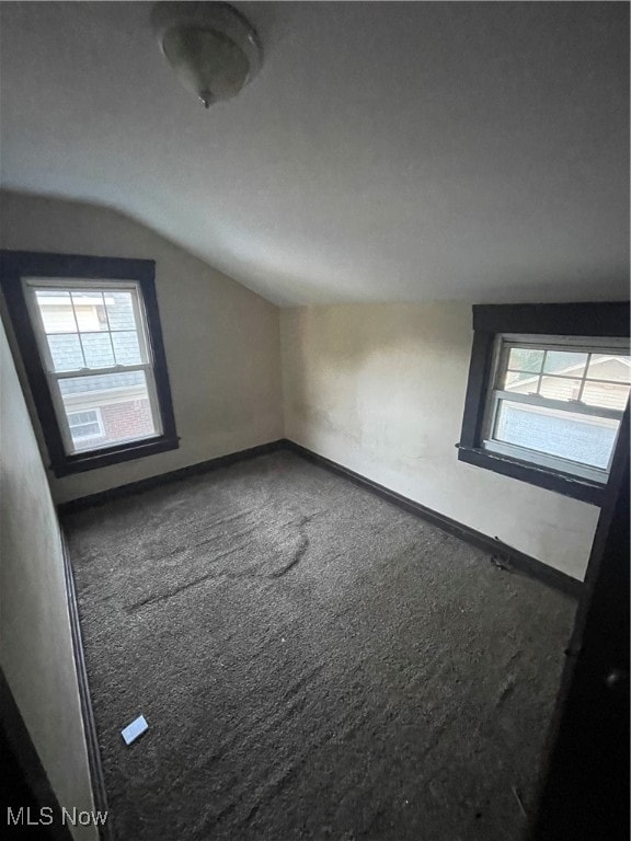 bonus room featuring lofted ceiling, carpet flooring, and a healthy amount of sunlight