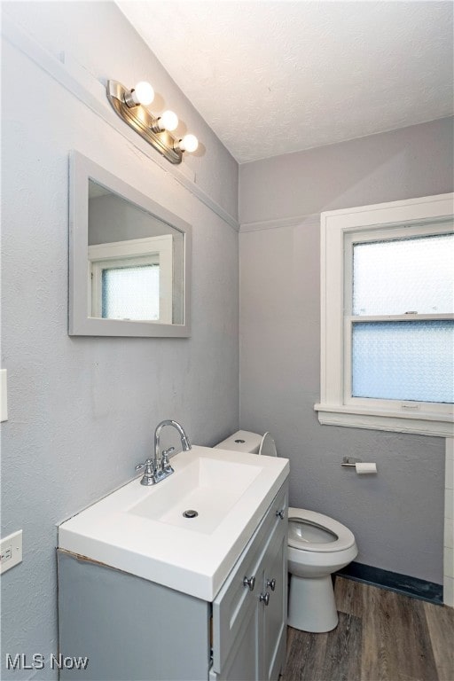 bathroom with hardwood / wood-style floors, vanity, a textured ceiling, and toilet