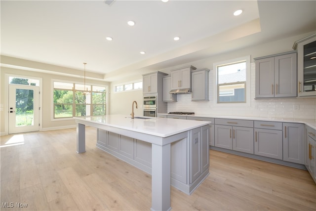 kitchen with light hardwood / wood-style floors, a wealth of natural light, and backsplash