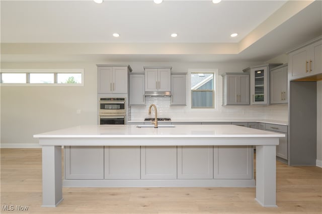 kitchen with light hardwood / wood-style flooring, a large island with sink, sink, and gray cabinets