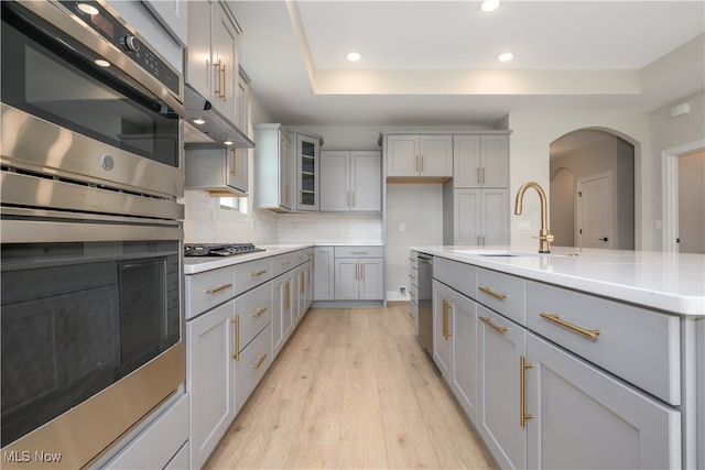 kitchen with tasteful backsplash, appliances with stainless steel finishes, sink, light hardwood / wood-style floors, and gray cabinets