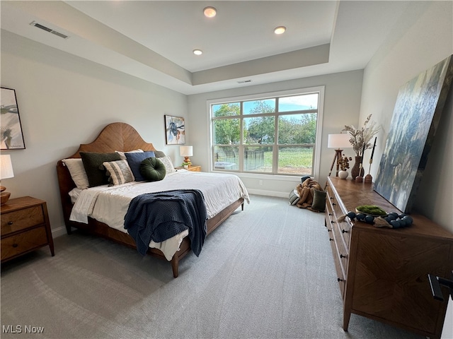 carpeted bedroom featuring a raised ceiling