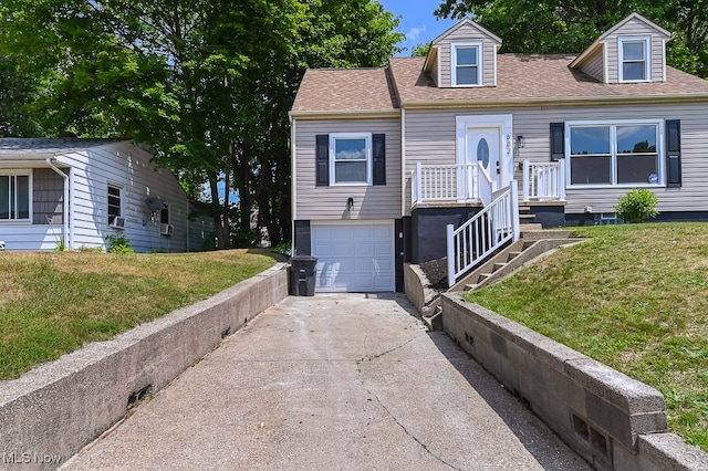 cape cod home with a front lawn and a garage