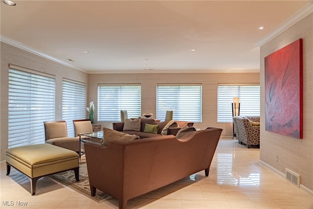 tiled living room featuring ornamental molding