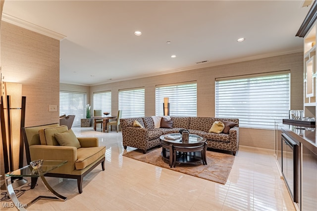 living room with ornamental molding