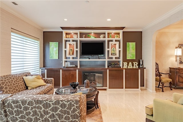 living room with crown molding