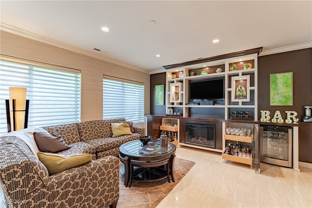 living room featuring beverage cooler and ornamental molding