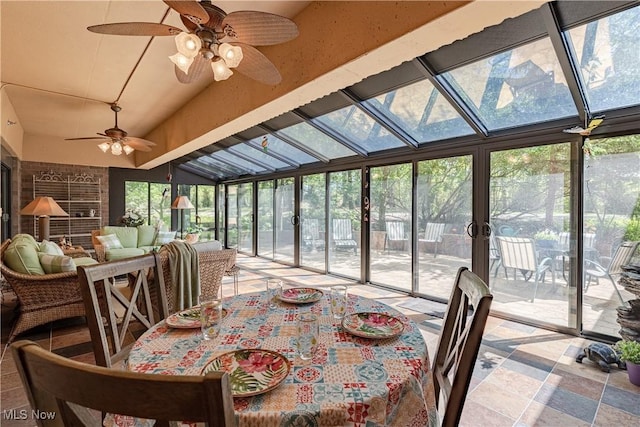 27500 Cedar Rd Unit T-8, Beachwood, OH 44122 - sunroom with lofted ceiling, ceiling fan, outdoor lounge area, and outdoor dining space
