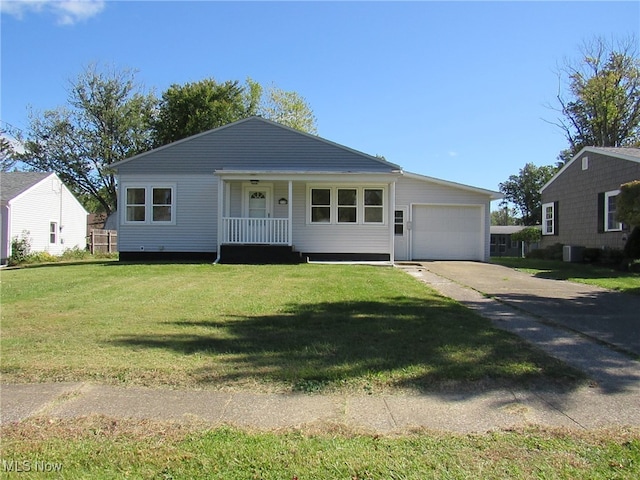 single story home with a front lawn, a porch, and a garage