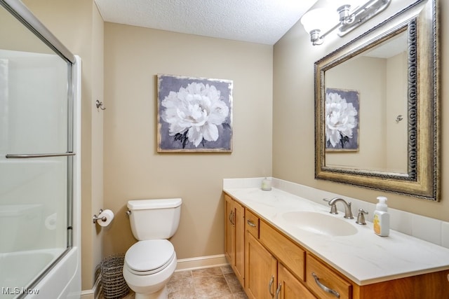 full bathroom with enclosed tub / shower combo, toilet, tile patterned floors, vanity, and a textured ceiling