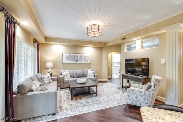 living room featuring crown molding, wood-type flooring, and a raised ceiling