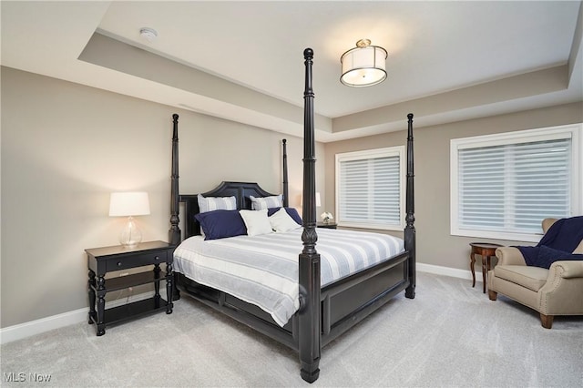 bedroom with a raised ceiling and light carpet