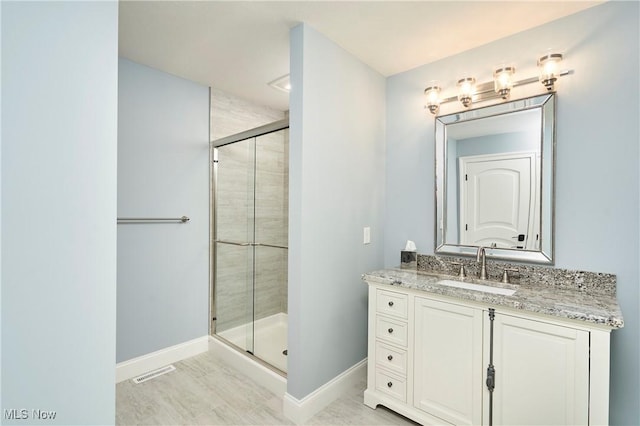 408 Sharon Falls Dr, Wadsworth, OH 44281 - bathroom with vanity, baseboards, a shower stall, and visible vents