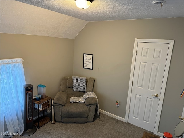 living area featuring lofted ceiling, carpet flooring, and a textured ceiling