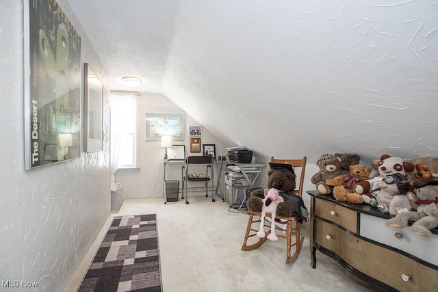 interior space featuring lofted ceiling, carpet floors, and a textured ceiling