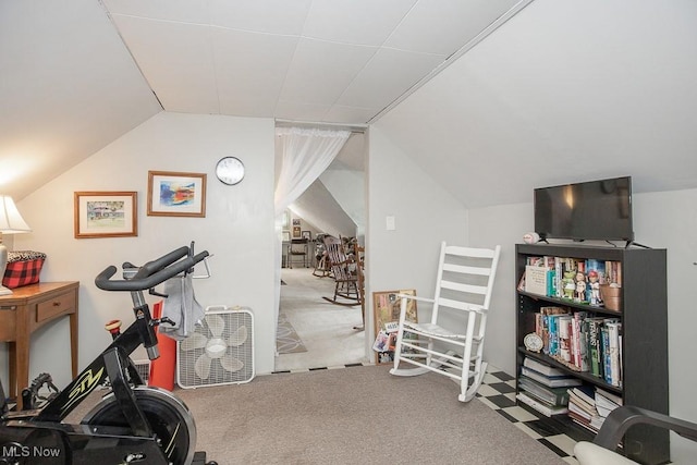 exercise area featuring carpet floors and lofted ceiling