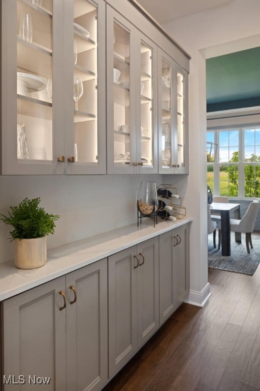 bar with dark hardwood / wood-style floors and gray cabinetry