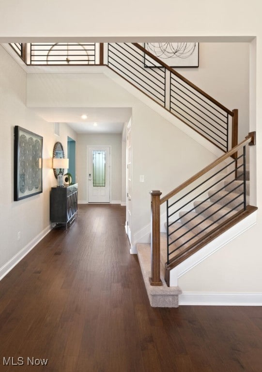 foyer entrance featuring dark wood-type flooring and a high ceiling