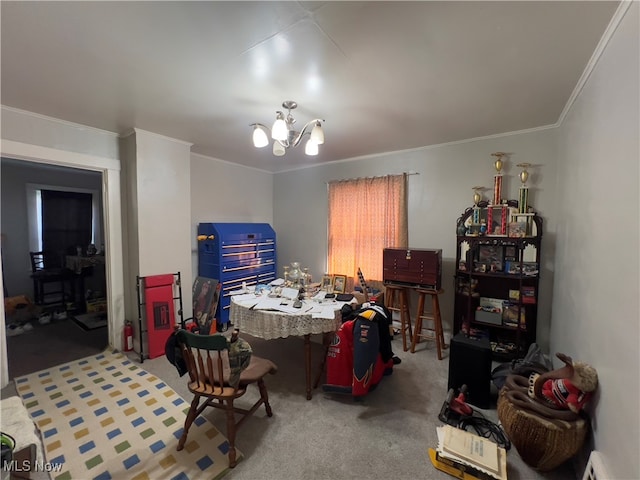 dining area featuring ornamental molding, a notable chandelier, carpet, and baseboard heating