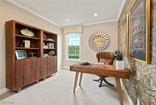 office space featuring baseboards, ornamental molding, recessed lighting, and light colored carpet