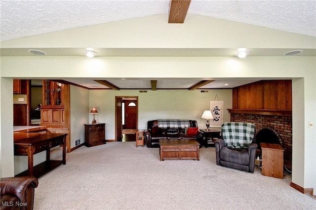 carpeted living room with vaulted ceiling with beams and a textured ceiling